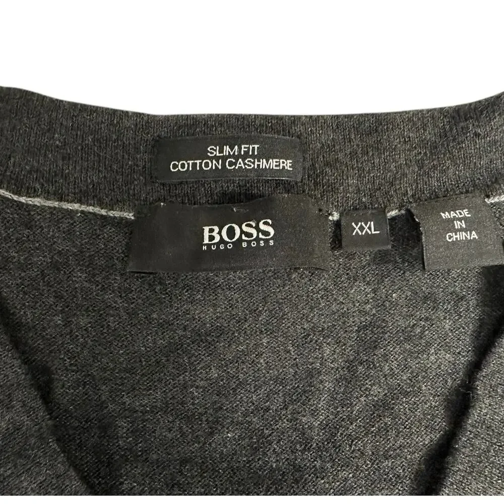 Hugo Boss Sweater V-neck Gray Cashmere & Cotton Slim Fit Blend Pullover